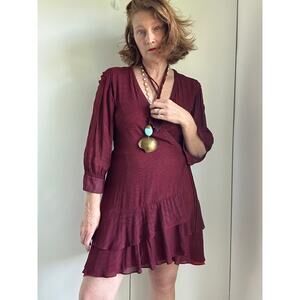 All Saints Silk Animal Print Wrap Dress Mini Burgandy Modern Size 6-8 ruffles